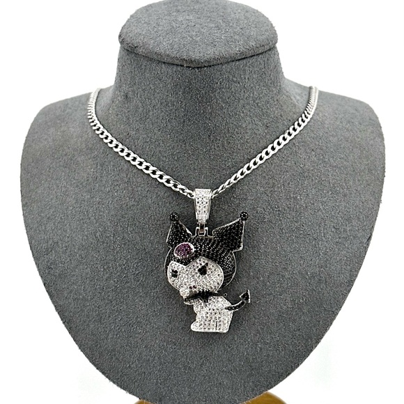 Iced Out 925 Sterling Silver Round Cut 3D Kuromi Necklace - Picture 1 of 10